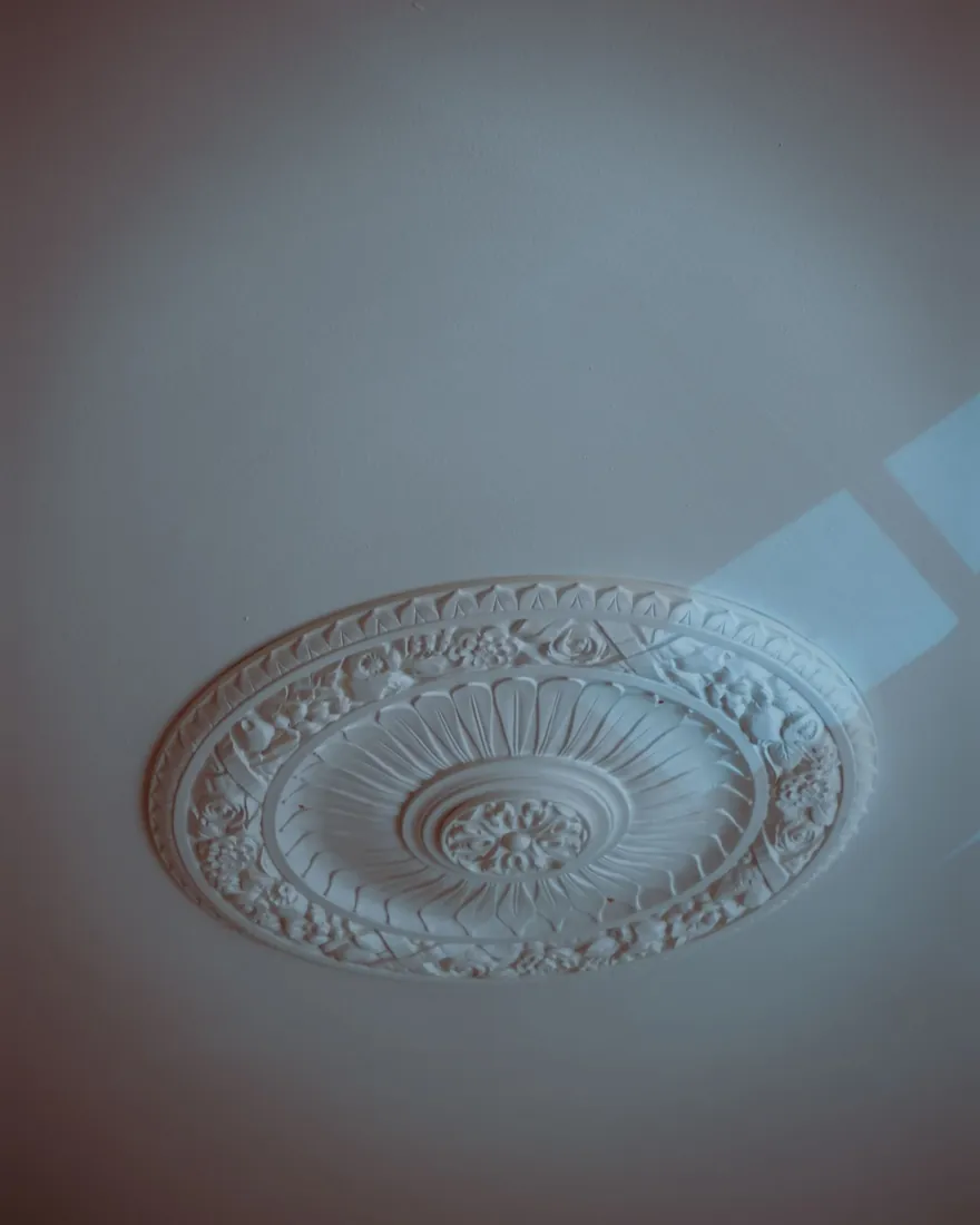 Rosetón de escayola en un techo, con hojas y molduras concéntricas trabajadas en relieve